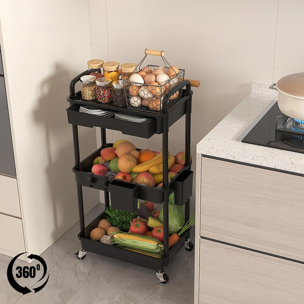 3 Tier Rolling Utility Cart with Drawer, Plastic Storage Organizer Rolling Ca...