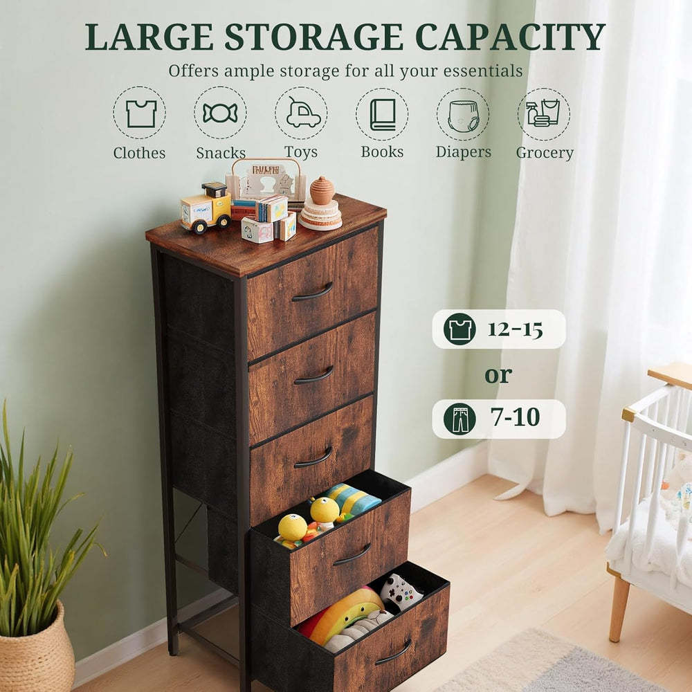 5 Drawers Dresser for Bedroom Fabric Storage Tower with Wooden Top