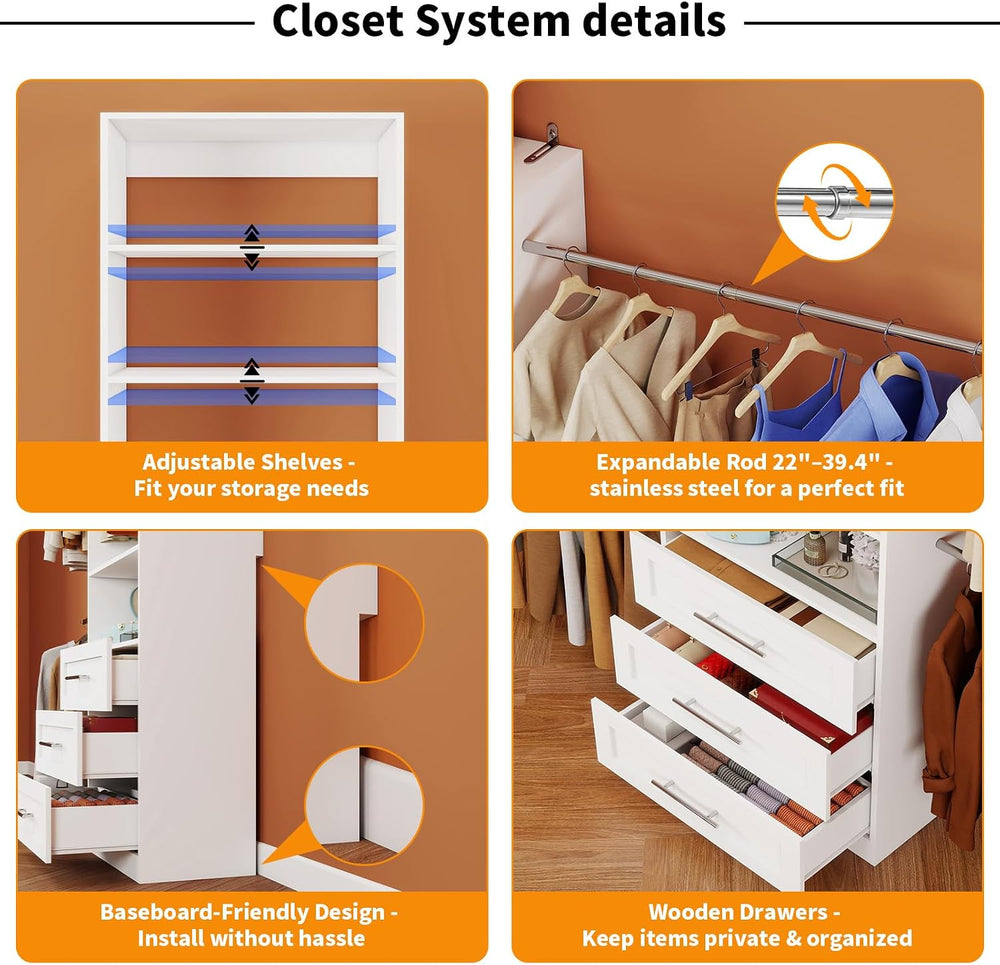Closet System with 4 Sets, 8FT-21FT Closet Organizer Systems with 9 Wooden Dr...