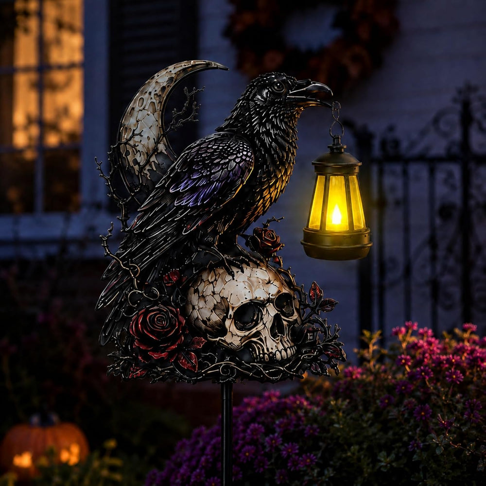 Halloween Garden Decorations Outdoor, Crow Skull Solar Garden Stake with Lant...