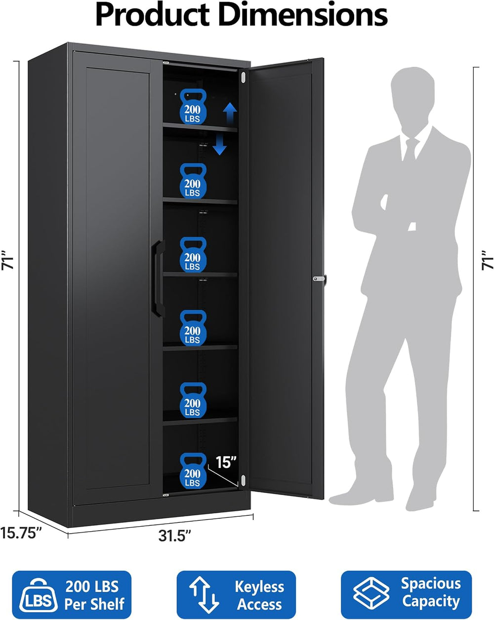 71" Metal Garage Storage Cabinet with Combination Lock,5 Adjustable Shelves