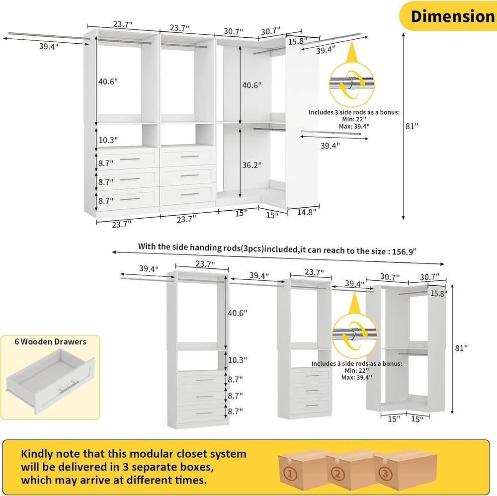 Closet System with 6 Drawers, Modular Corner Closet Organizer System with 7 H...