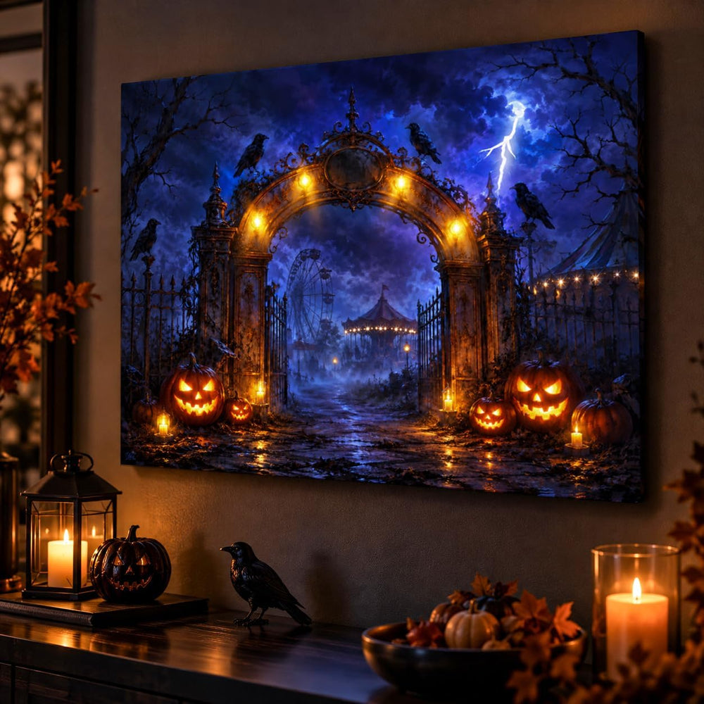 Artiluxy Halloween LED Canvas Wall Art, Haunted Amusement Park, 20x15 Inch