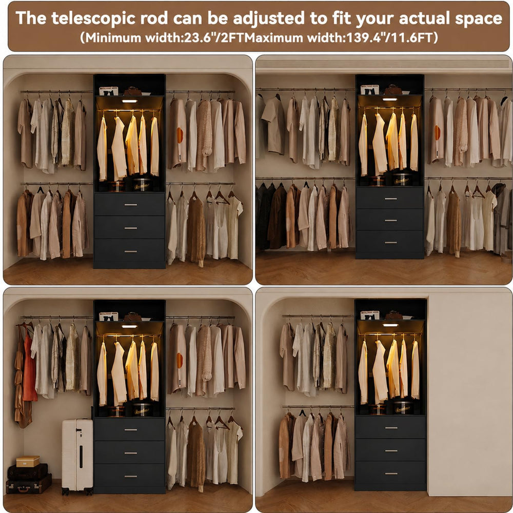 Wooden Closet System With LED Light 11FT Closet Organizer with 3 Wooden Drawe...