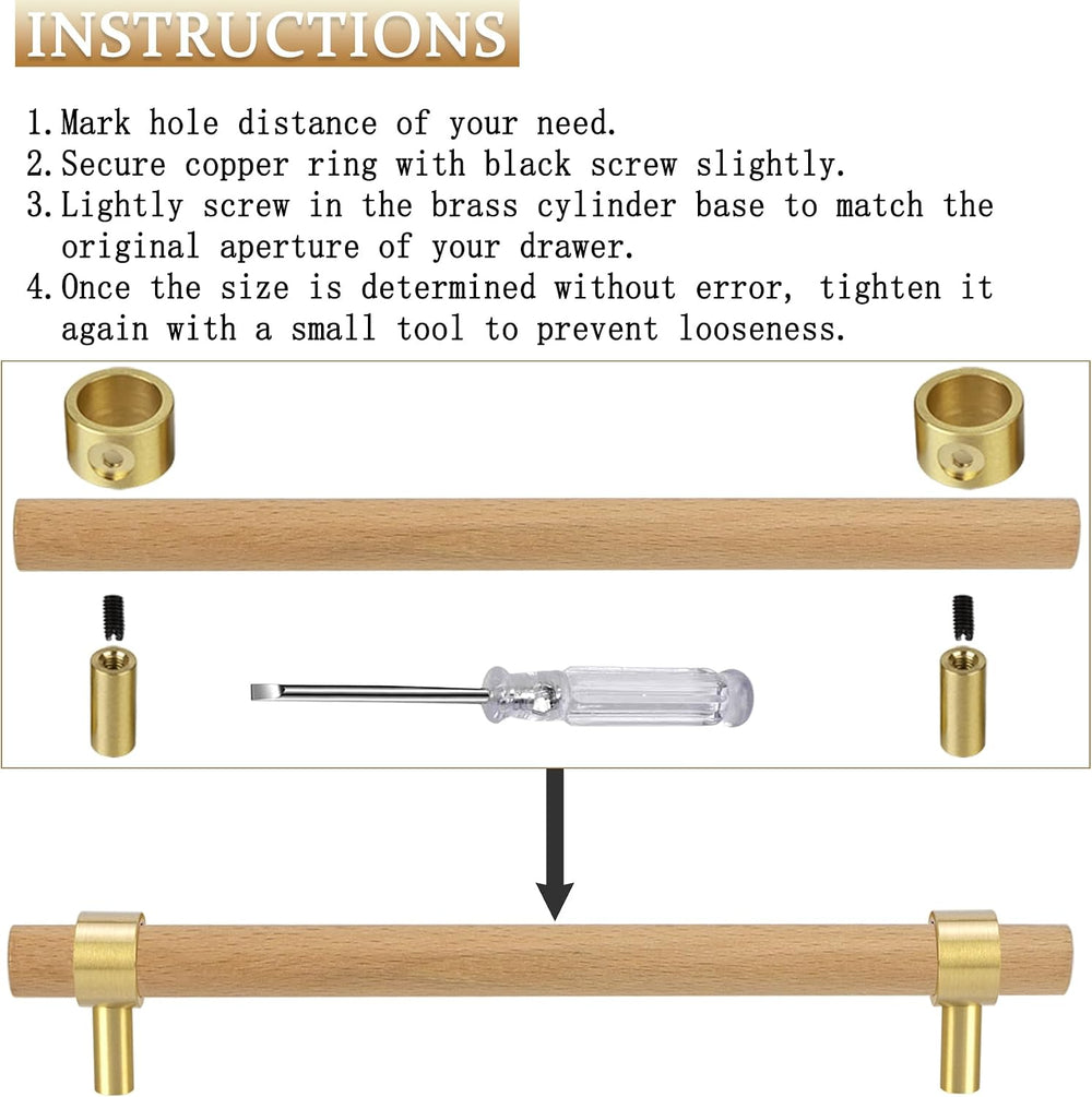 Adjustable Drawer Pulls Natural Wood and Brass Cabinet Handles for Kitchen Cu...