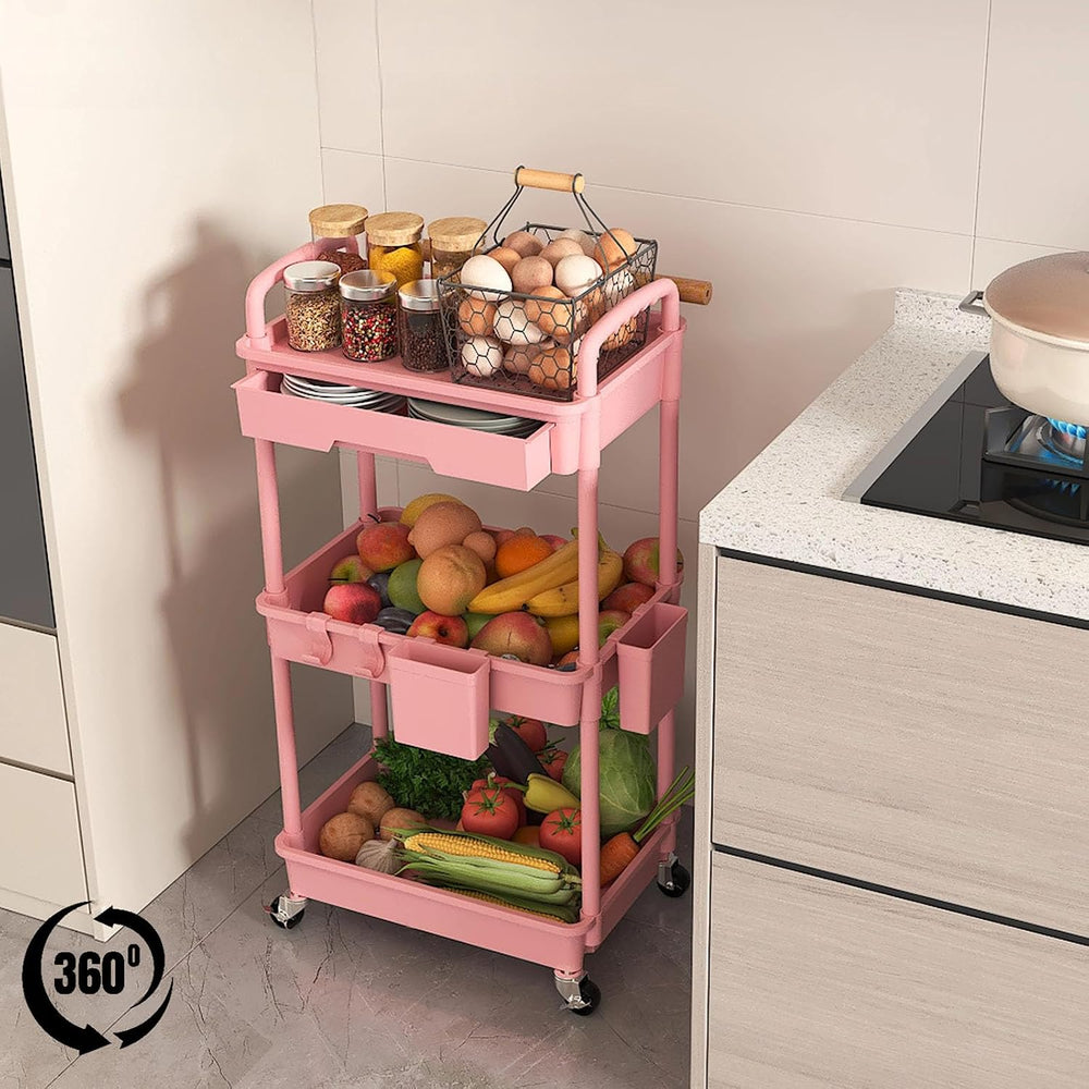 3 Tier Rolling Utility Cart with Drawer, Plastic Storage Organizer Rolling Ca...