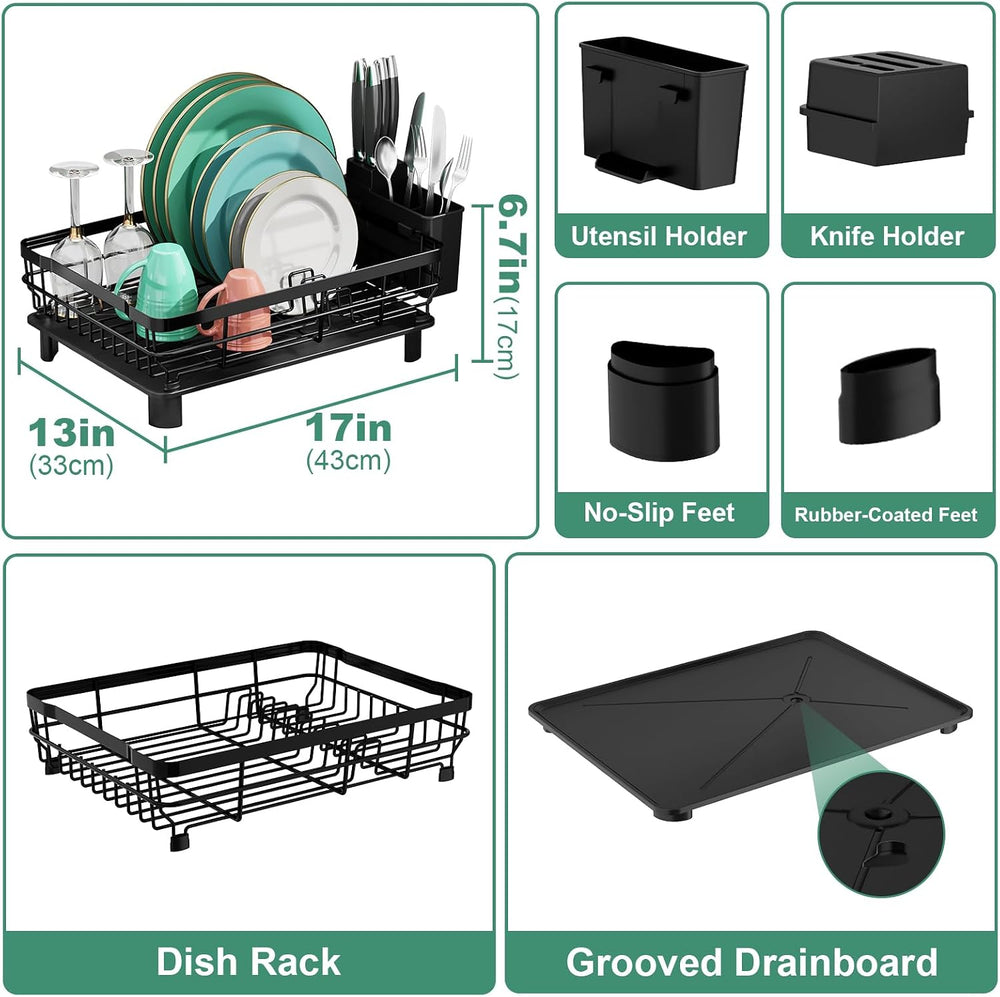 MOUKABAL Dish Drying Rack with Drainboard for Kitchen Counter, Black