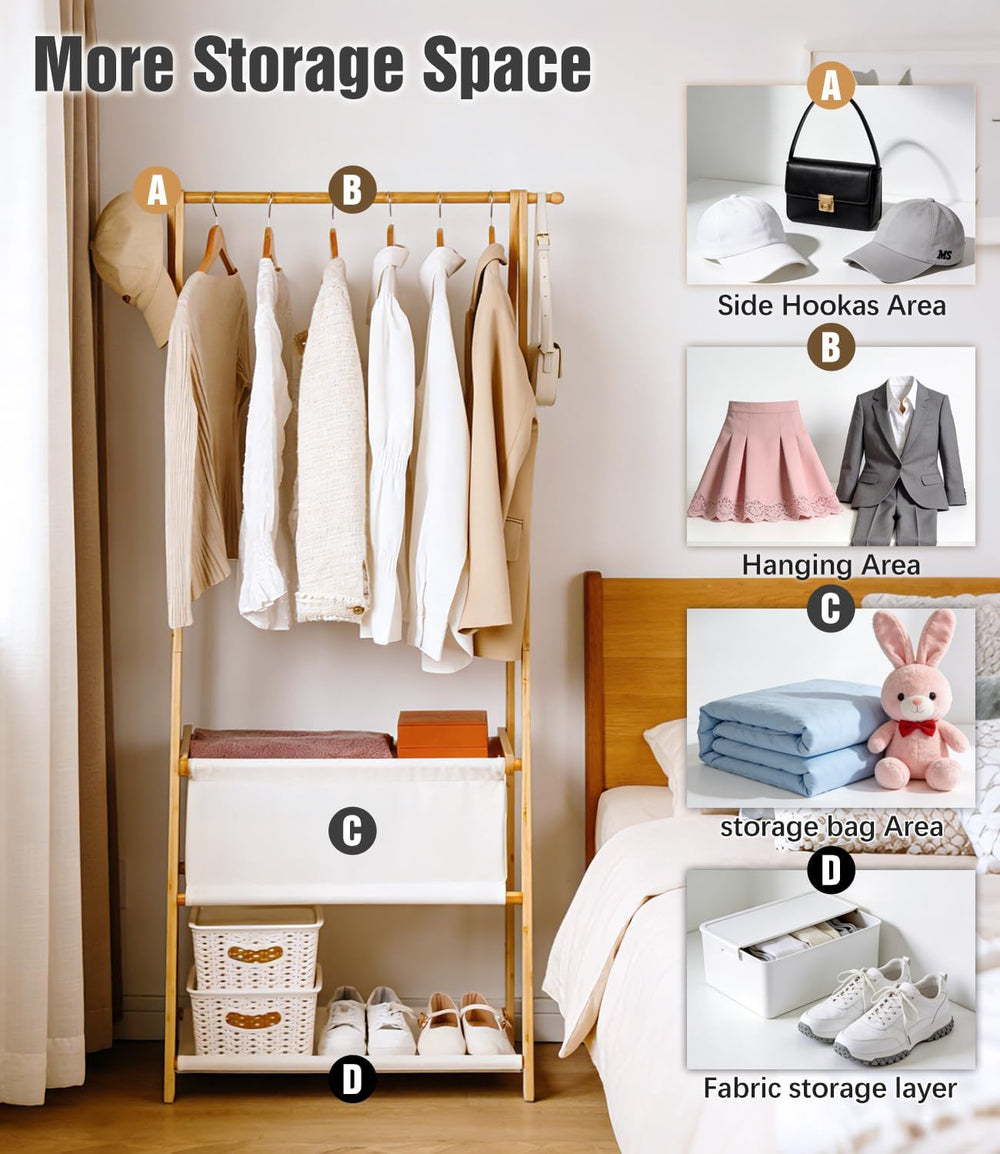 Bamboo Clothes Rack with Storage Box and Storage Shelf, Portable Extra Large ...