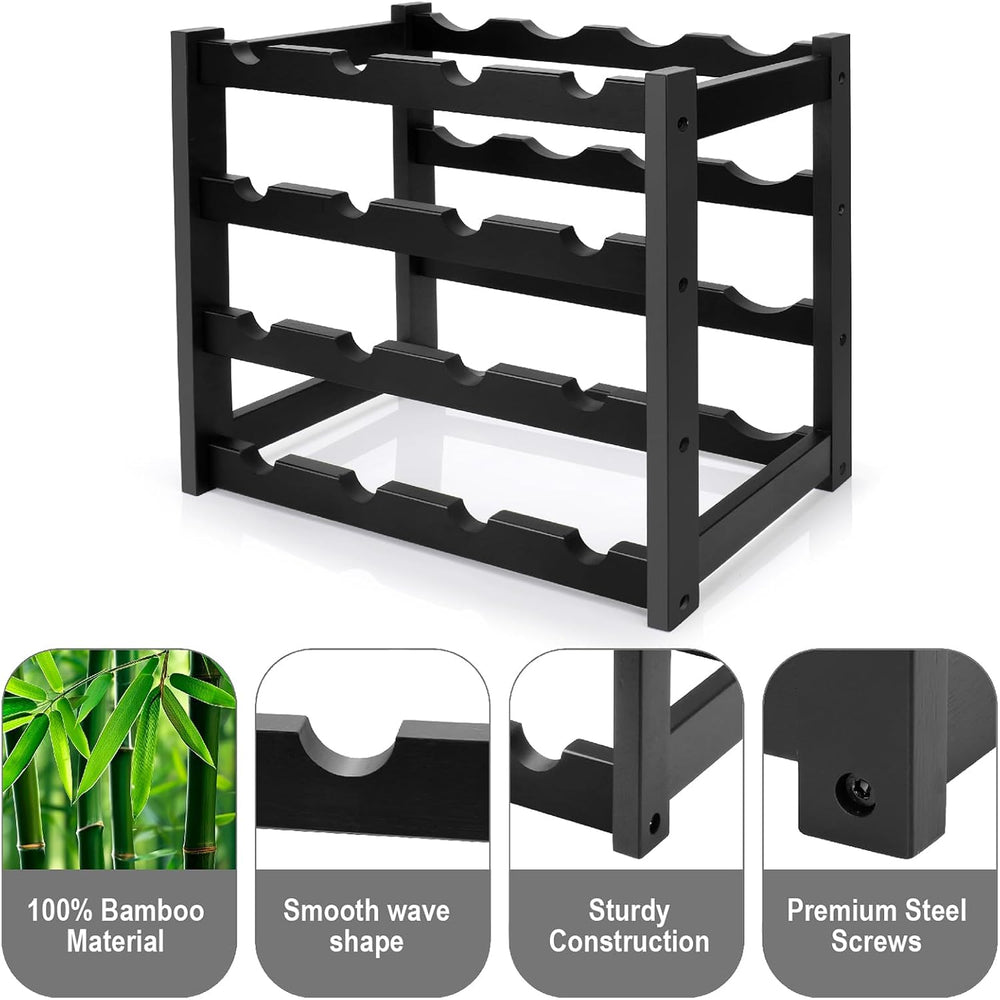 Bamboo Wine Rack, 4-Tier 16 Bottles Wine Storage Cabinet Shelf