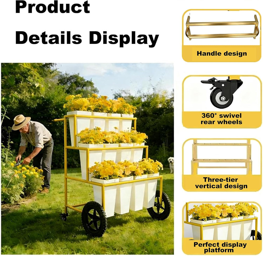 White3 Tier Metal Flower Cart Display Stand with Wheels, Mobile