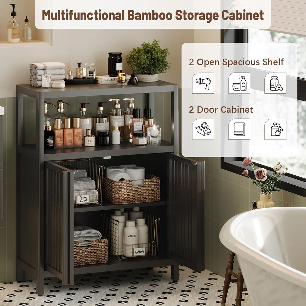 Bamboo Bathroom Storage Cabinet Furniture, Bathroom Floor Cabinet with 2 Shut...