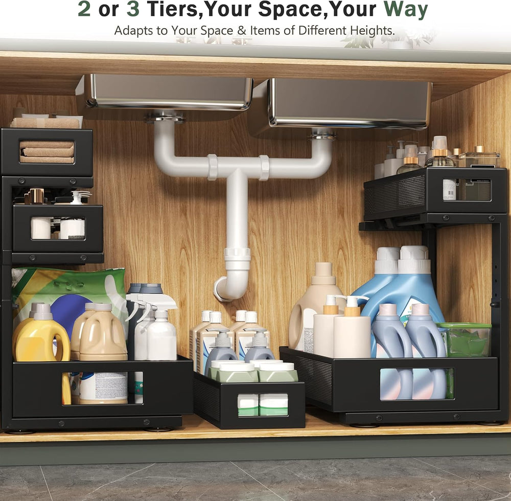 3-Tier Pull Out Under Sink Organizer,2-Pack Heavy Duty Metal Cabinet Organize...