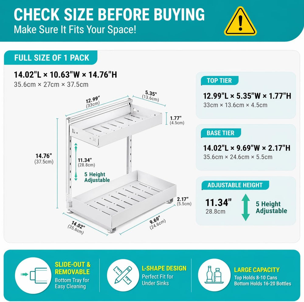 Under Sink Organizer 2 Pack, 2-Tier Metal Slide-Out, Height Adjustable