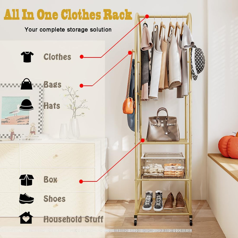 SUOERNUO Clothes Rack Clothing Rack With Wheels and 3 Tier Metal Shelves
