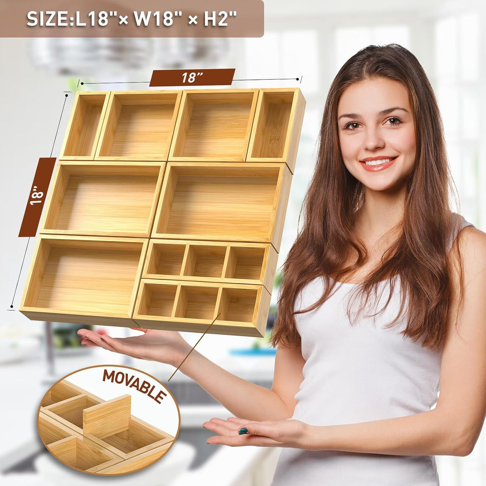 Bamboo Drawer Organizer, Set of 9 Wood Kitchen Junk Tea Desk Office Tray, Woo...