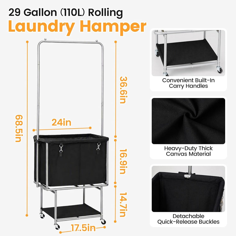 Rolling Laundry Cart 110L With Hanging Bar & Storage Shelf, Black