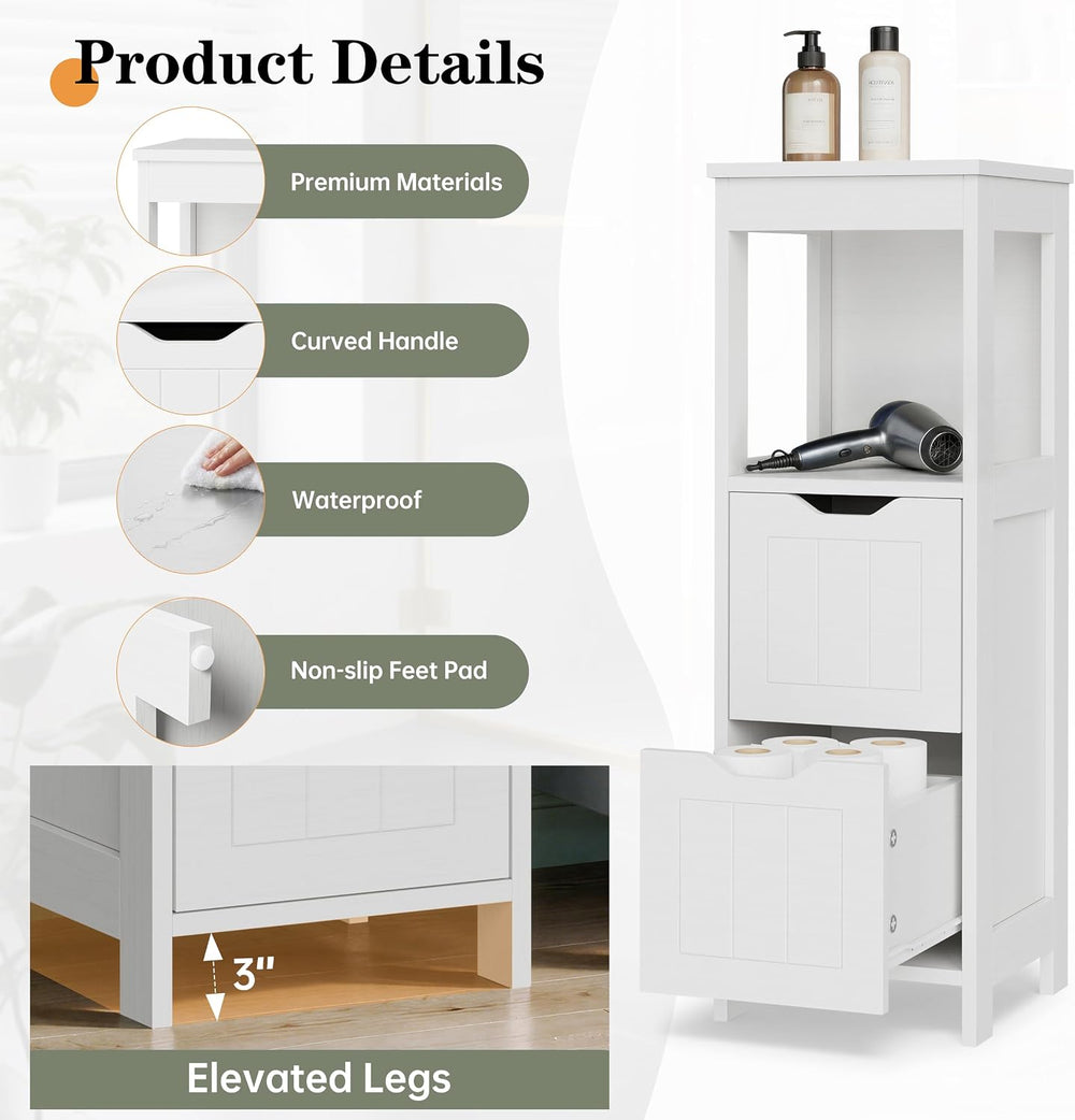 Shintenchi Small Bathroom Storage Cabinet, 2 Drawer Slim Floor Cabinet