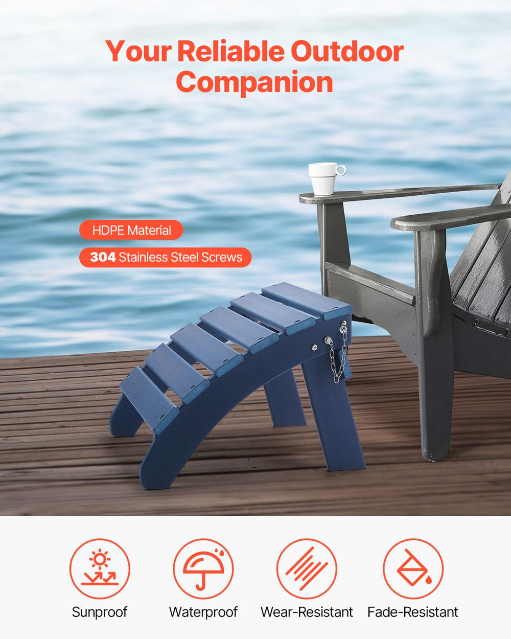 VEVOR Adirondack Ottoman, 18.7L x 18.9W x 13.8H Inch HDPE Plastic Folding Adi...