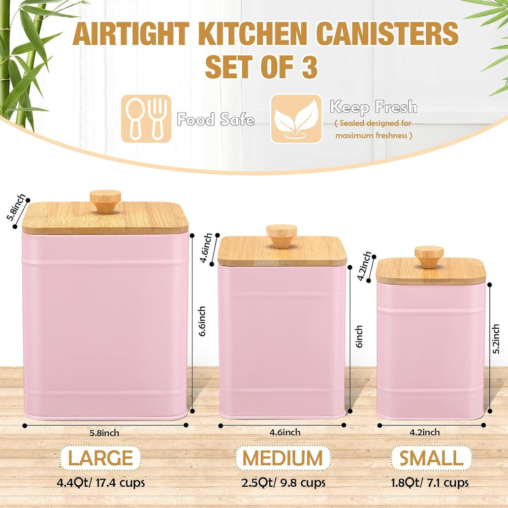 Kitchen Canister Set of 3 & Airtight Bamboo Lids Spoon, Pink, L,M,S