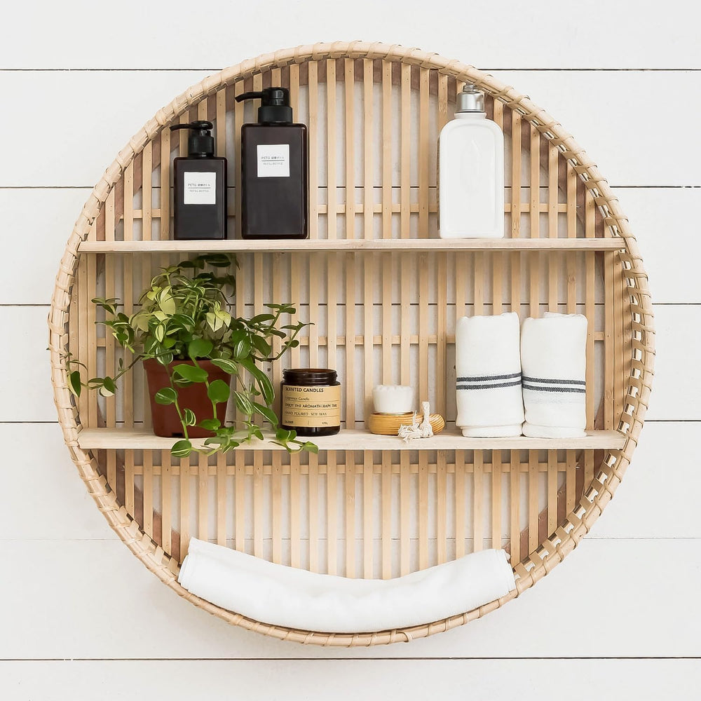 Rattan Wall Shelf 3 Tier Boho Wall Mounted Shelf Farmhouse Handcraft Round Fl...