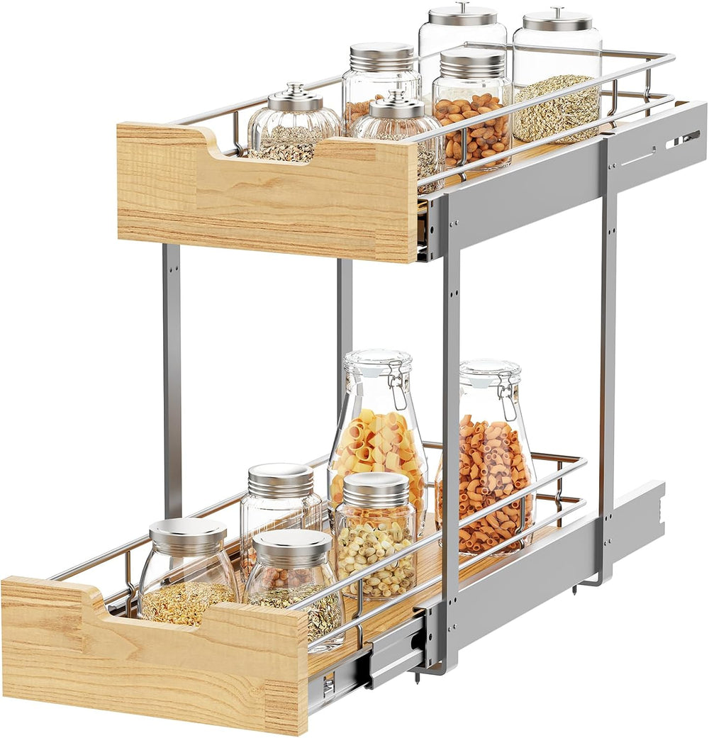 Sikarou Pull Out Cabinet Organizer,Heavy-Duty Slide Out Shelf, Wood and Wire ...