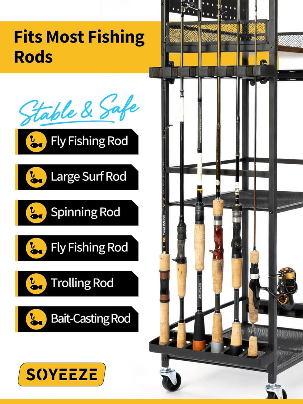 SOYEEZE Fishing Rod Holders for Garage, Fishing Pole Holders Up to 12 Rods wi...