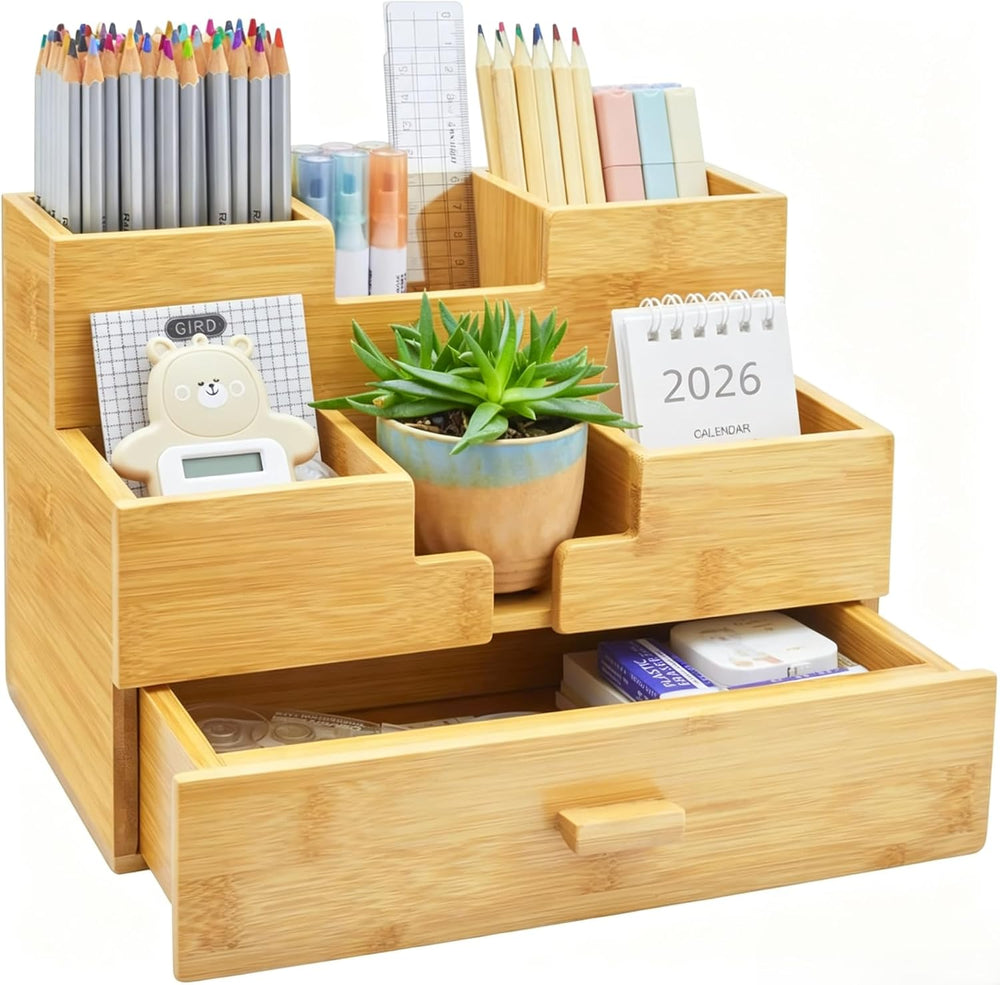 Bamboo Desk Organizer - Countertop Drawers Organizer Tabletop Storage Organiz...