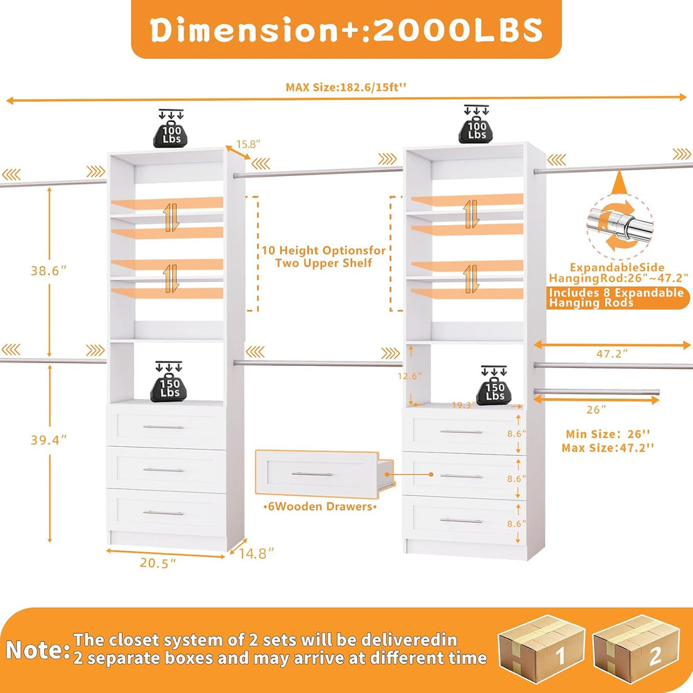 Closet System with 6 Drawers, 5FT-15FT Custom Closet Organizer System Modular...