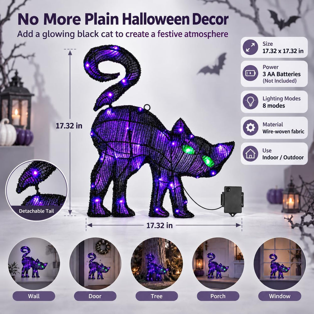 Black Cat Halloween Decor, 17.32 Inch Lighted Hanging Decoration
