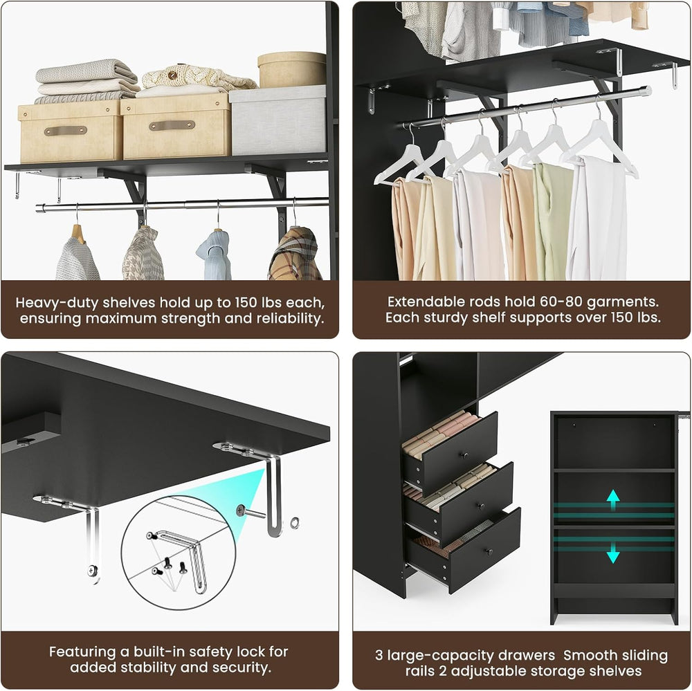 Closet Organizer - High Capacity Wardrobe Rack with 3 Drawers, Shelves & ...
