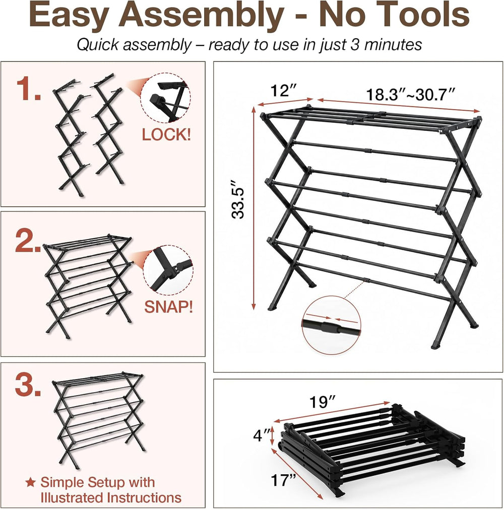 Foldable Clothes Drying Rack Heavy Duty Easy Install, Black