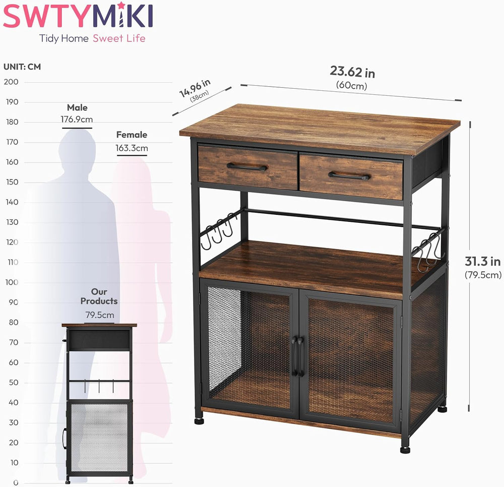 Coffee Bar Cabinet with Drawer - Coffee Stand Station with Removable Hooks, B...