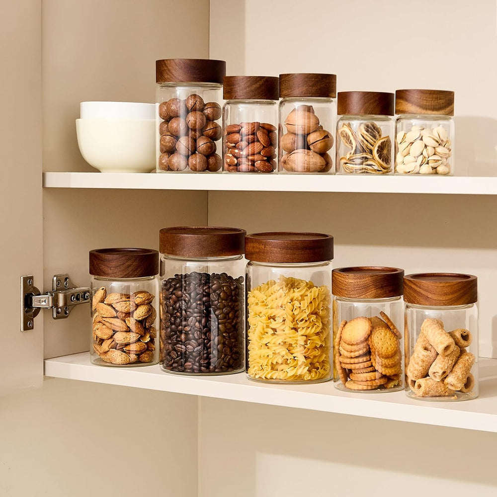 Sweejar 10-Piece Glass Storage Jar Set with Acacia Wood Lids, 5/8/16/32 oz, T...