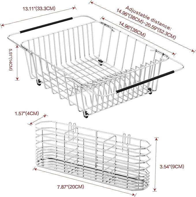 Large Sink Dish Drying Rack, Expandable 304 Stainless Steel Metal Dish Drainer