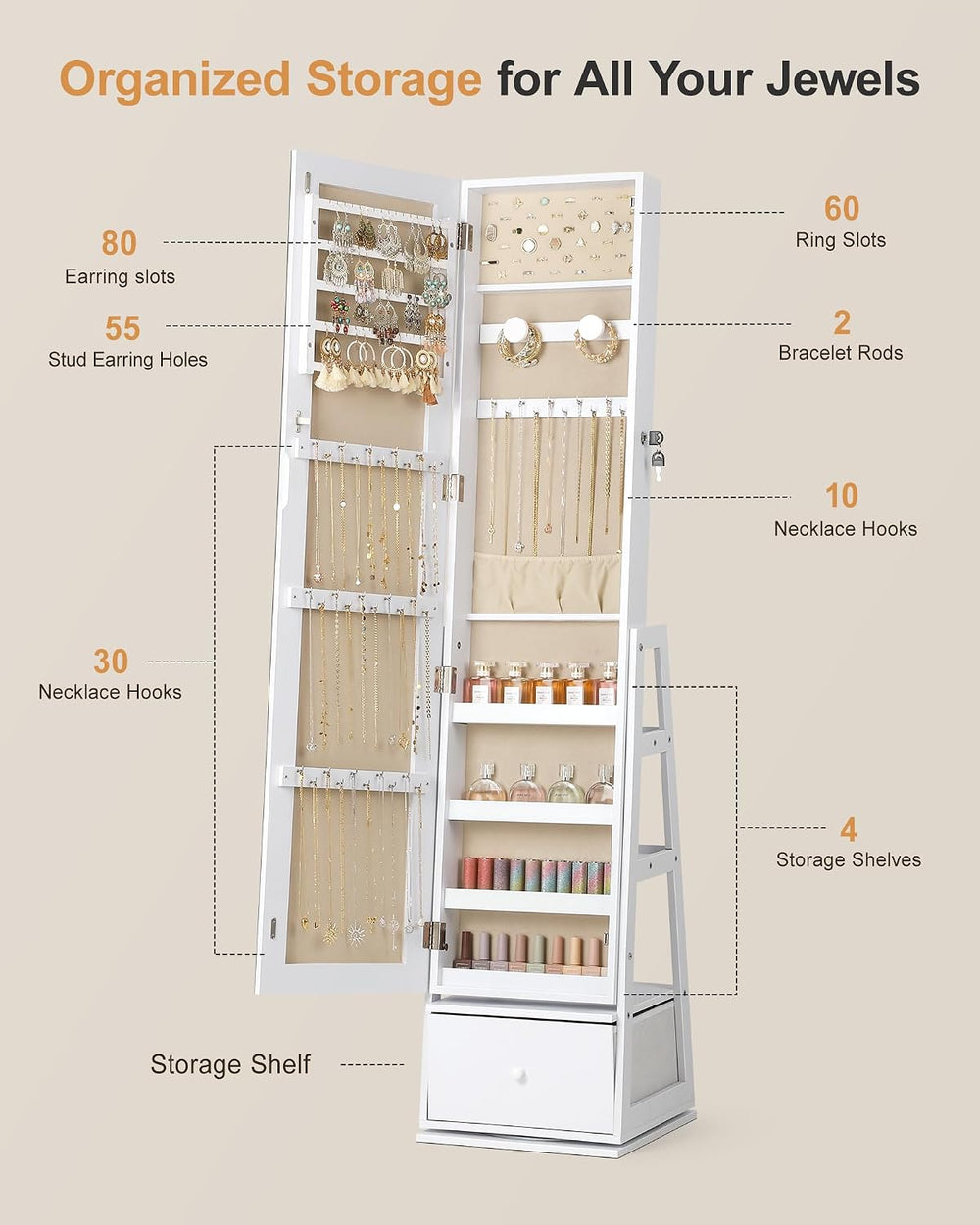 Nicetree 360°Swivel Large Jewelry Organizer,Full Length Mirror with Storage