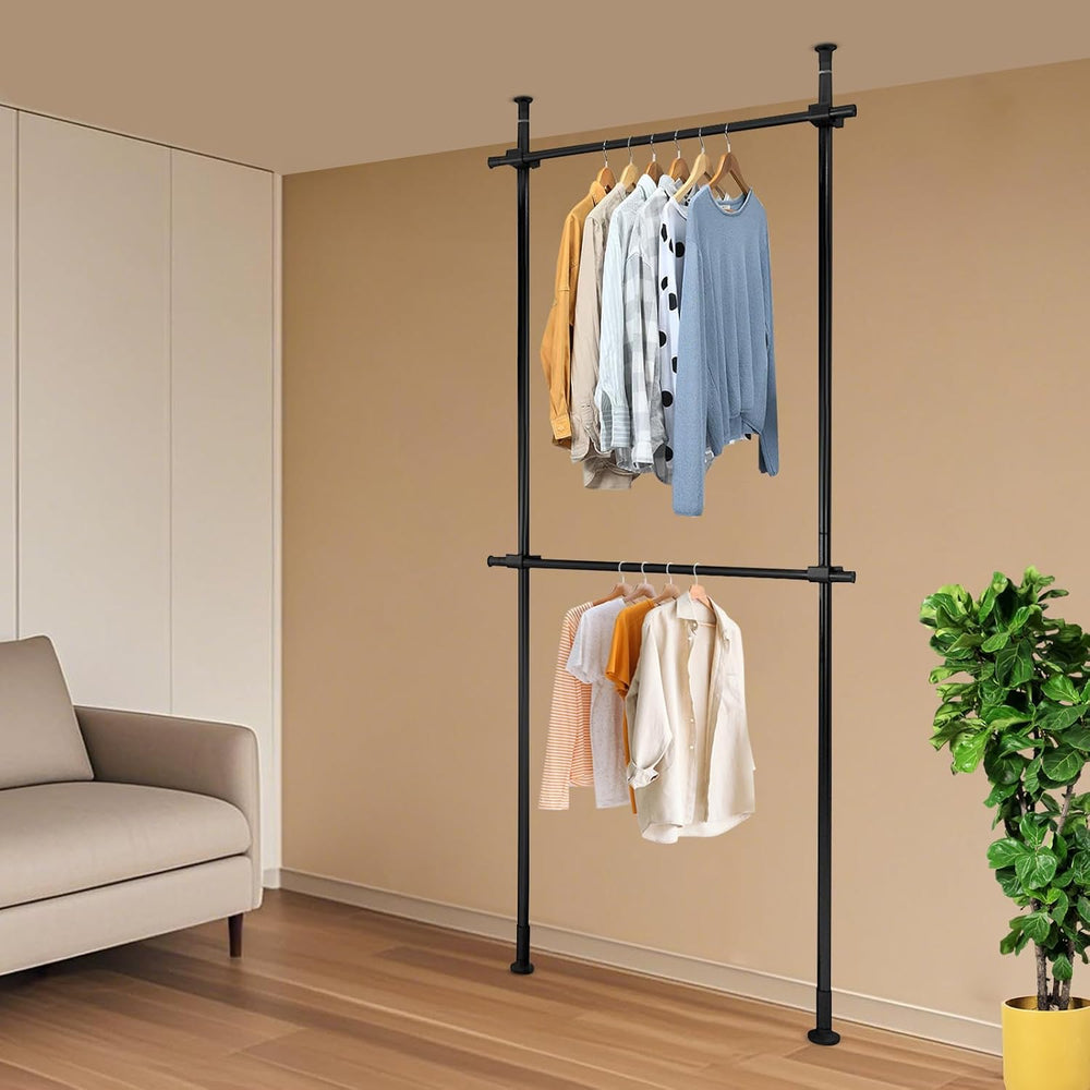 Heavy-Duty Floor to Ceiling Drying Rack, 2-Tier Double Rod Clothing Organizer...