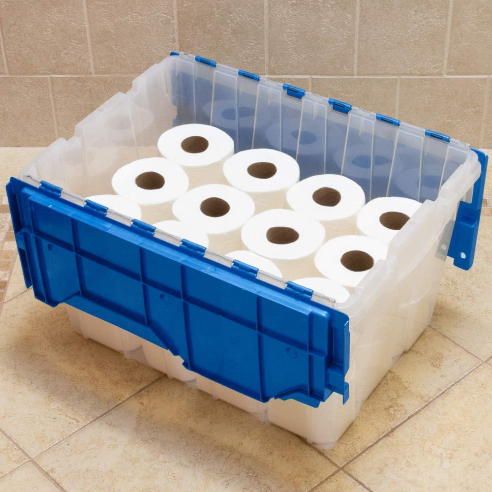 Akro-Mils KeepBox 12 Gal Storage Box, Lid Attached, Stackable, Clear/Blue