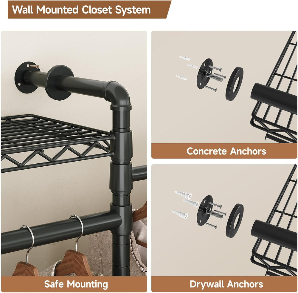 ComfyCorner Wall Mounted Garment Rack, Industrial Pipe Clothing Rack Black