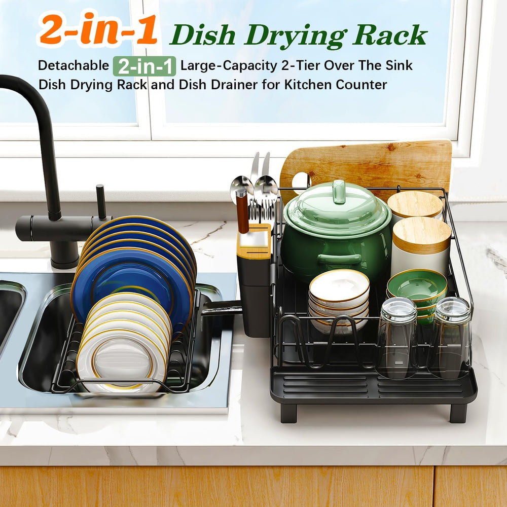Runnatal Large 2-Tier Dish Drying Rack for Kitchen Counter, Black