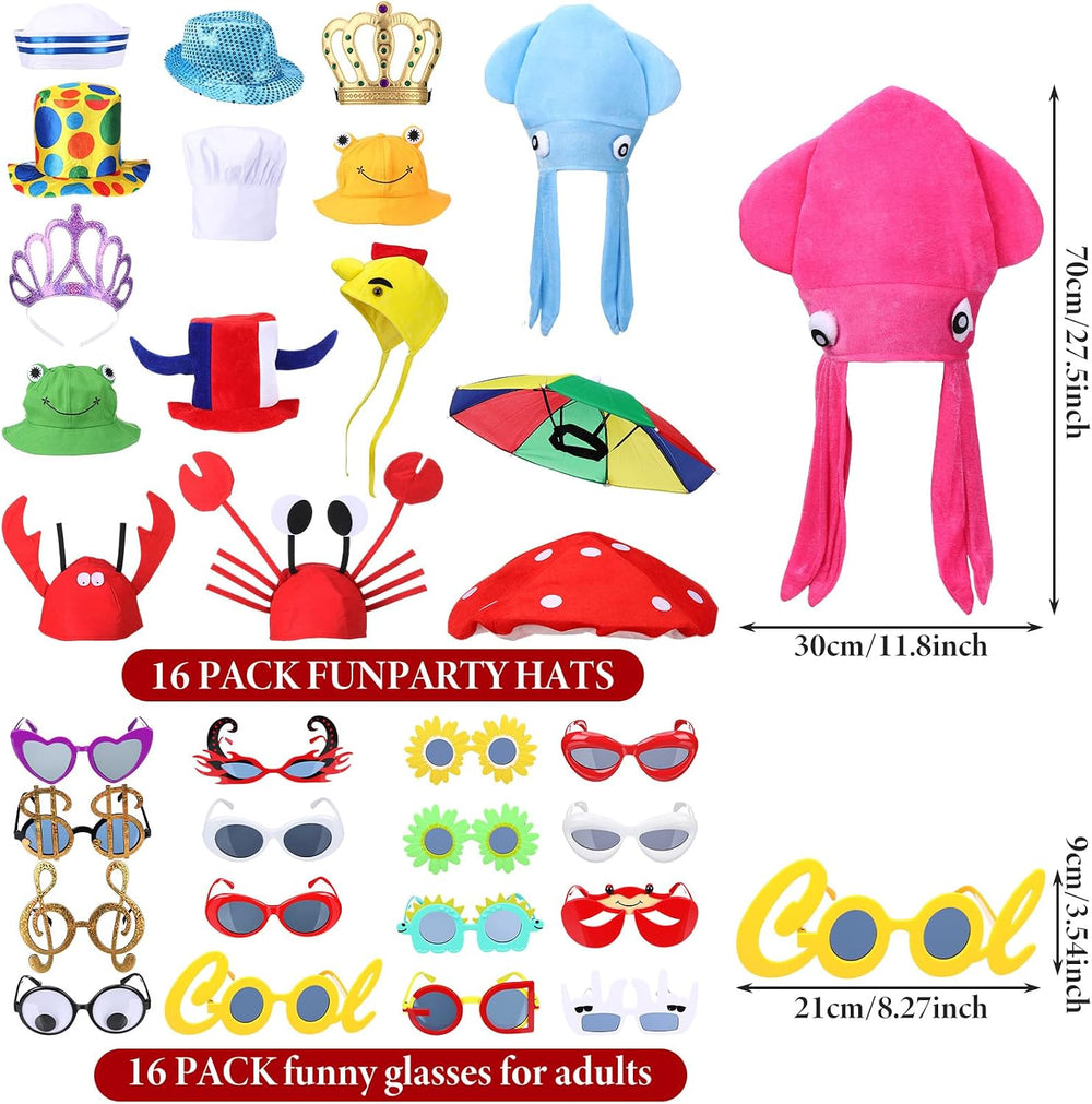 Chicingyou 32 Pcs Funny Hats and Glasses, Halloween Costume Accessories