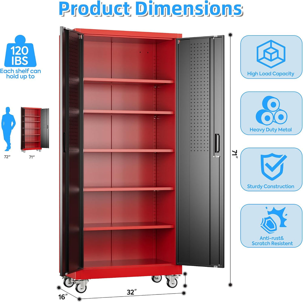 71"H Metal Garage Storage Cabinet,Tool Cabinet with Wheels,Pegboard