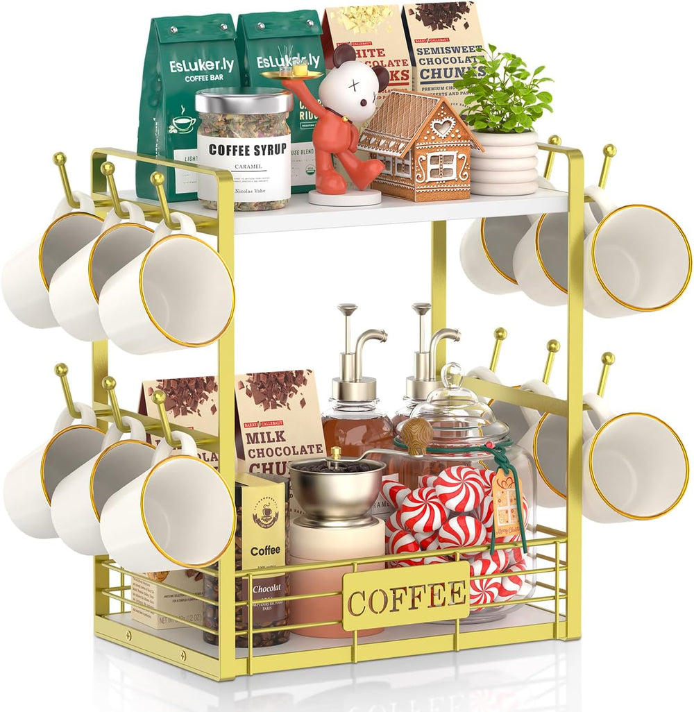 Coffee Mug Cup Holder Tree Bar Station Organizer, 2 Tier Gold