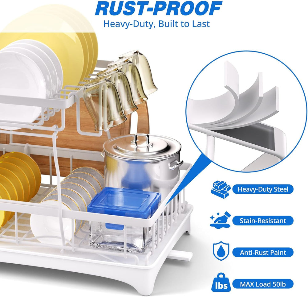 Godboat 2-Tier Dish Drying Rack - Dish Rack with Auto Drain-to-Sink & Mat