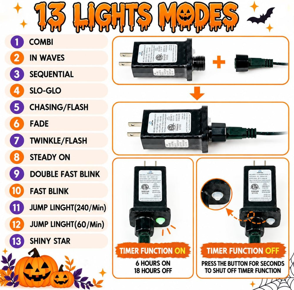 OZS Connectable 2-Pack 164Ft 400LED Halloween String Lights, Purple&Green