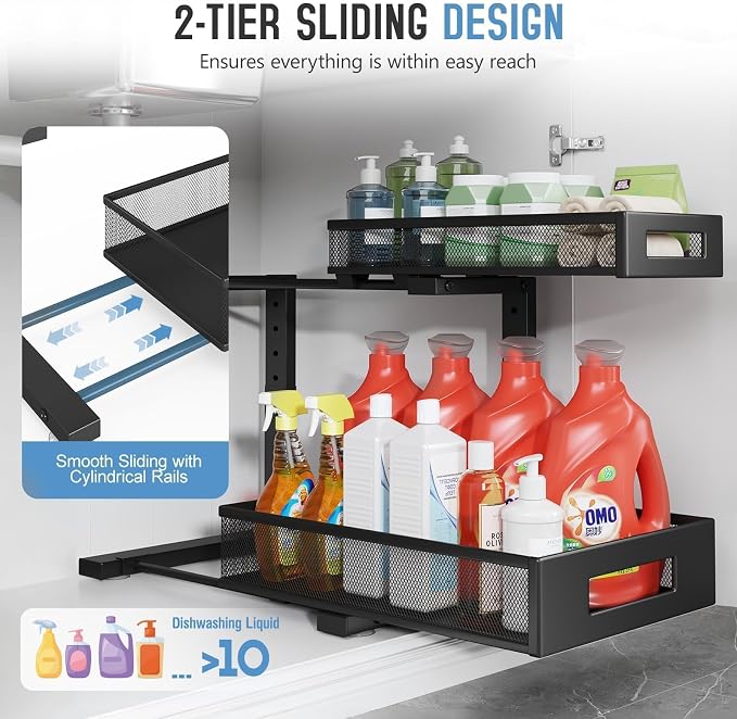 2-Pack Under Sink Storage Organizer, Large 2-Tier Elegant Mesh Pull Out Shelf