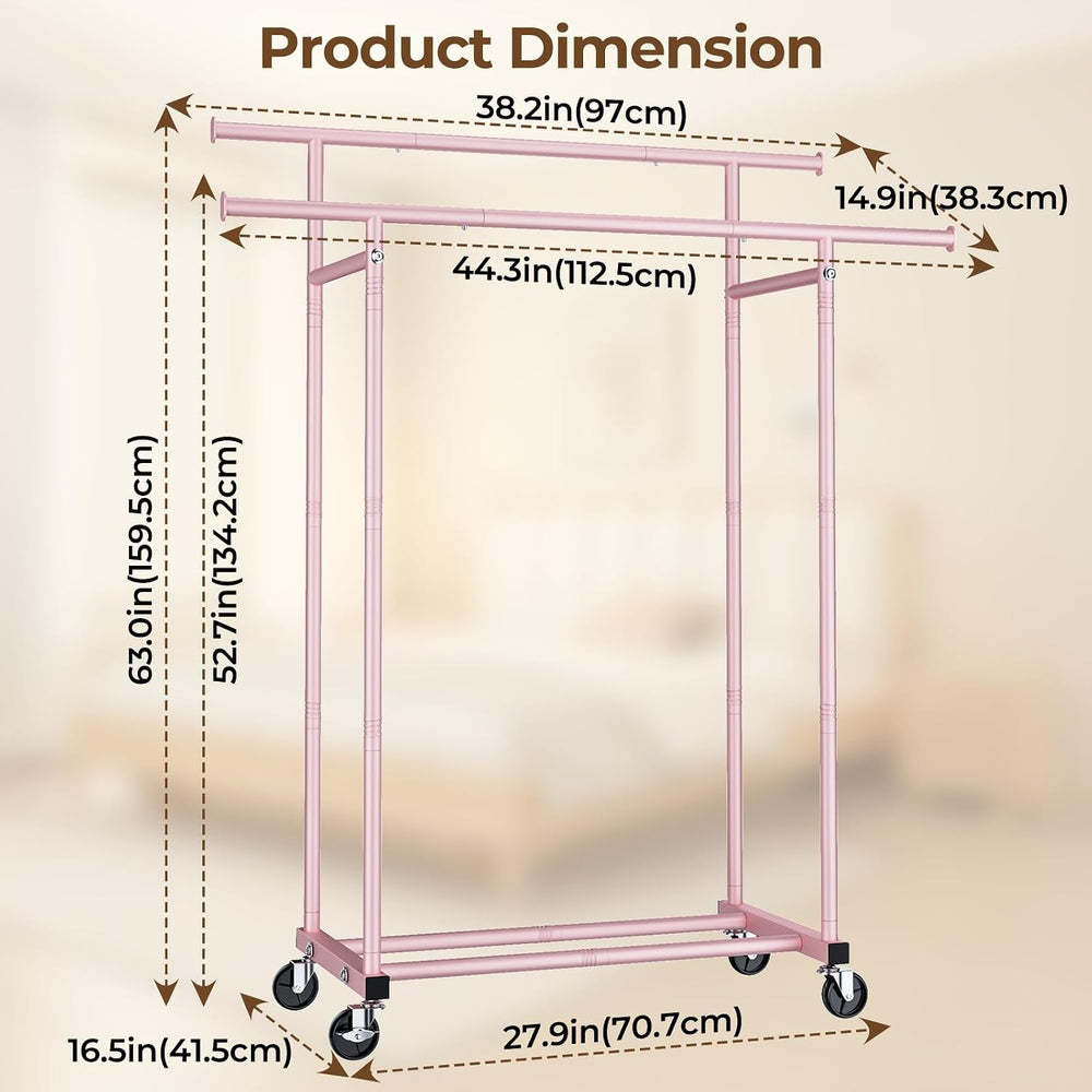 HYSEYY Double Rods Clothes Rack, Sturdy Rolling Clothing Rack, Portable Cloth...