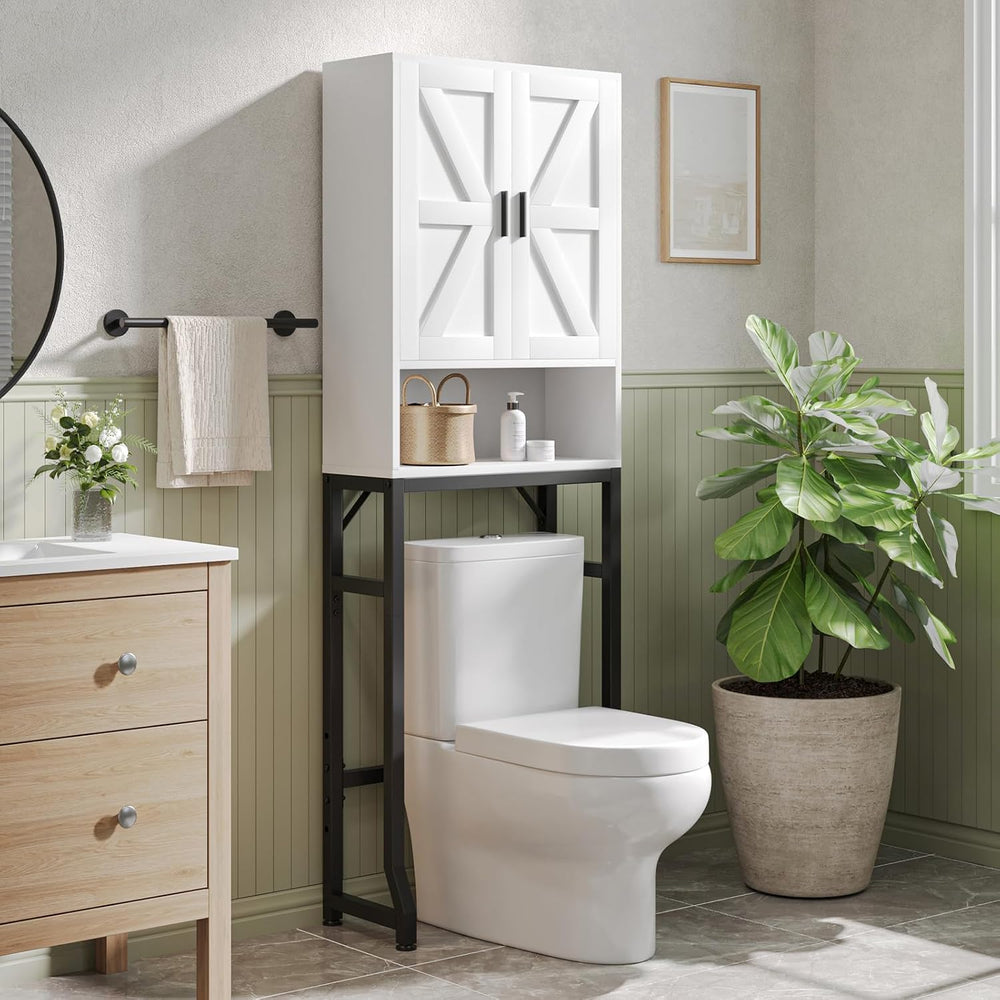 White Over The Toilet Storage Cabinet with Barn Doors