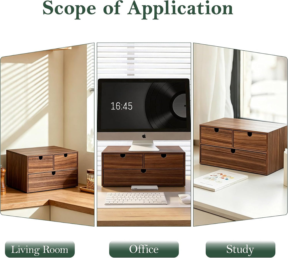 2-Tier Wooden Desk Organizer with 3 Drawers, Walnut Finish