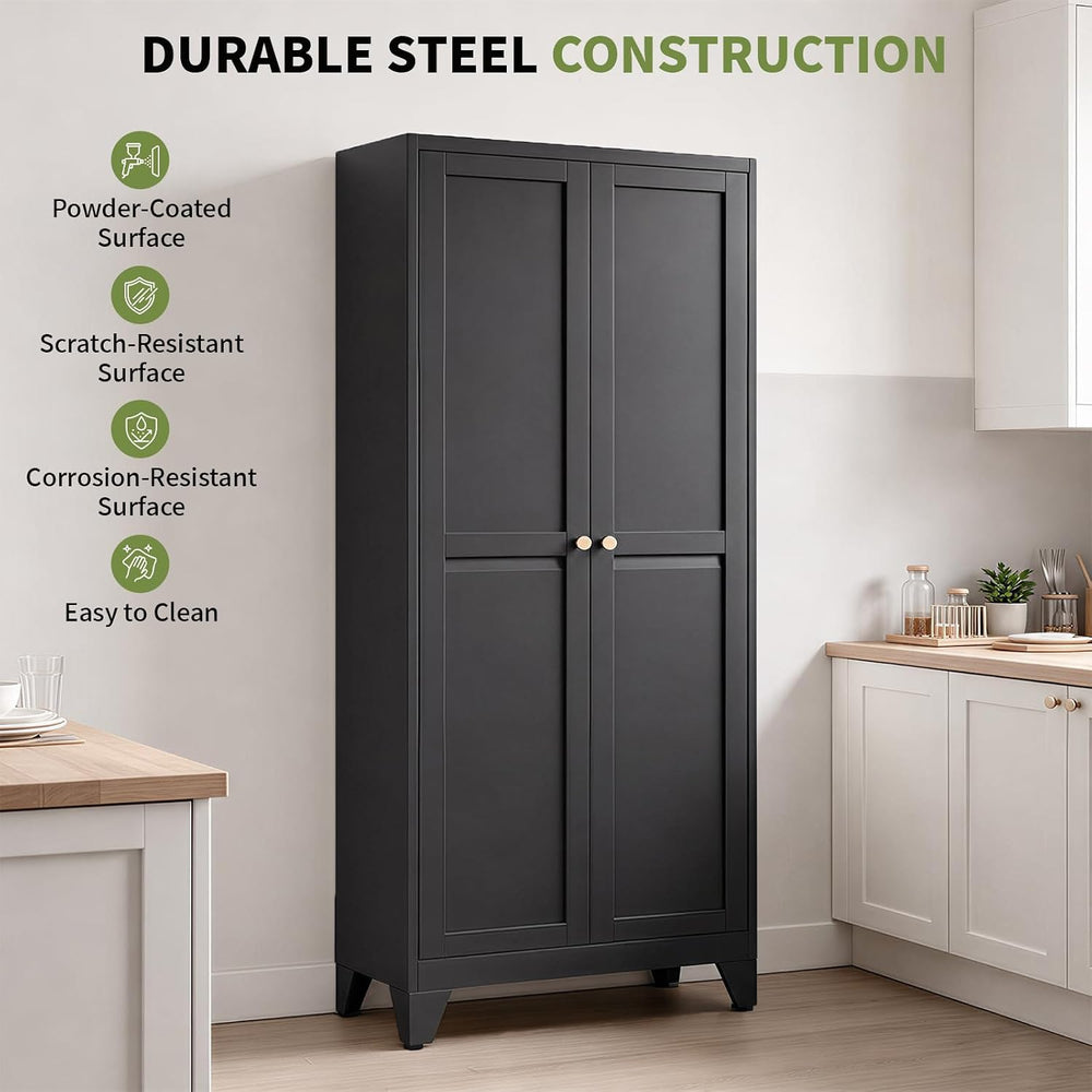 75" Metal Kitchen Pantry Cabinet with 5 Adjustable Shelves & Doors