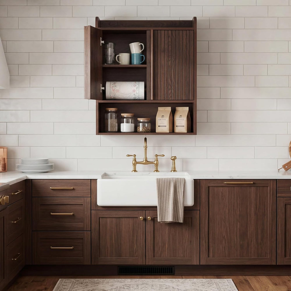 Fluted Wall Cabinet 33" H,Bathroom Cabinet Mid-Century Modern Dark